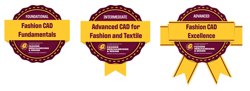 20250912-Fashion-Digital-Badges-CAD-850x310 Three maroon and gold digital badges. The first reads Fashion CAD Fundamentals. The second badge reads Advanced CAD for Fashion Textile. The third badge reads Fashion CAD Excellence.