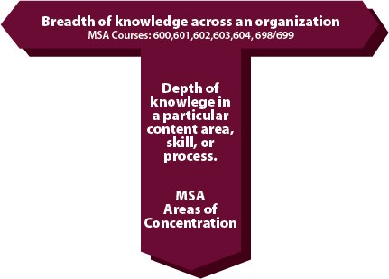 T chart of MSA program. Horizontal top line reads breadth of knowledge across an organization.Vertical line reads depth of knowldge in a particular content area skill or process.