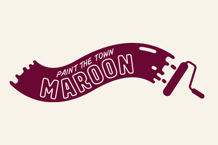 A paint roller is shown painting a wavy, horizontal brush stroke of maroon paint, and the words 